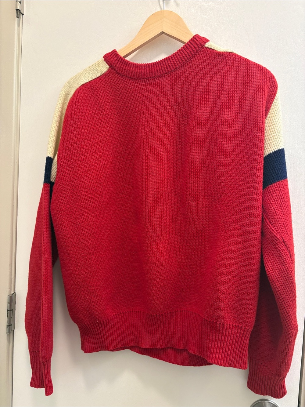 VINTAGE  Red Colorblock Crewneck Sweater. By BSF. LARGE. Taiwan. Acrylic.
